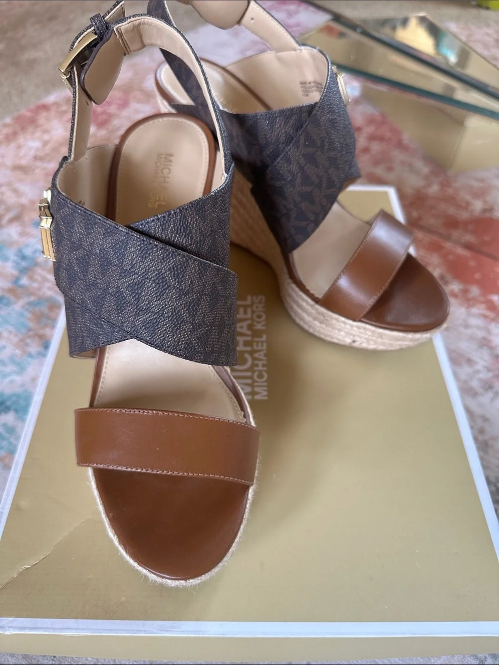 Michael Kors Brown Leather and Logo Espadrille Wedge Sandals